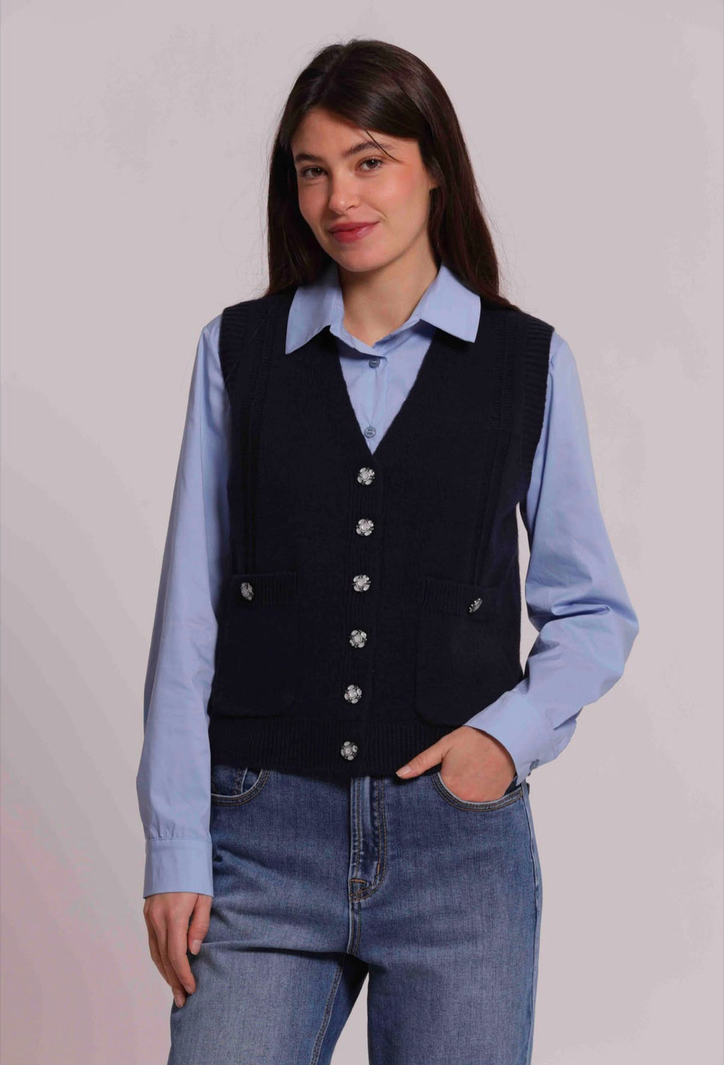 MAGLIA GILET CON BOTTONI GIOIELLO -MIMI’ MUA’