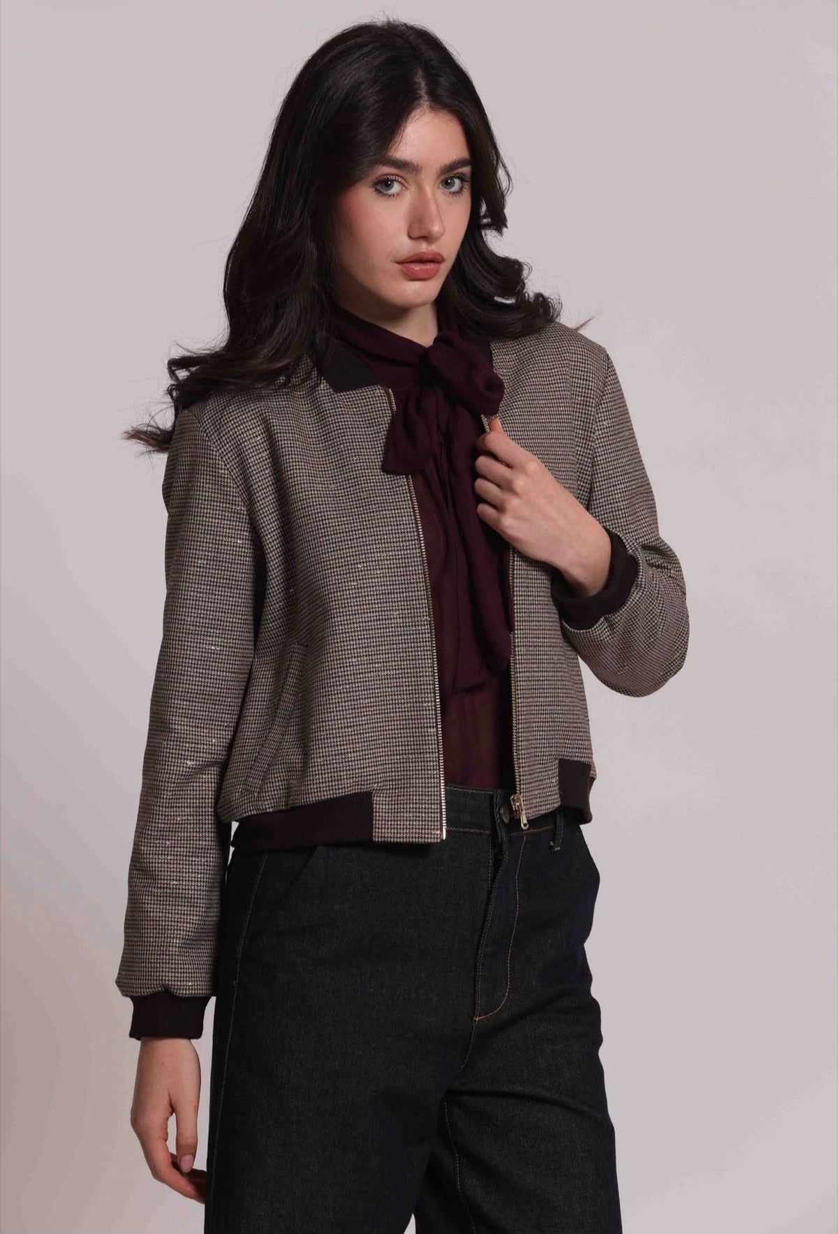 GIACCA BOMBER IN PIED DE POULE LUREX-COMPLETO CON PANTALONE NELLA SEZIONE PANTALONI