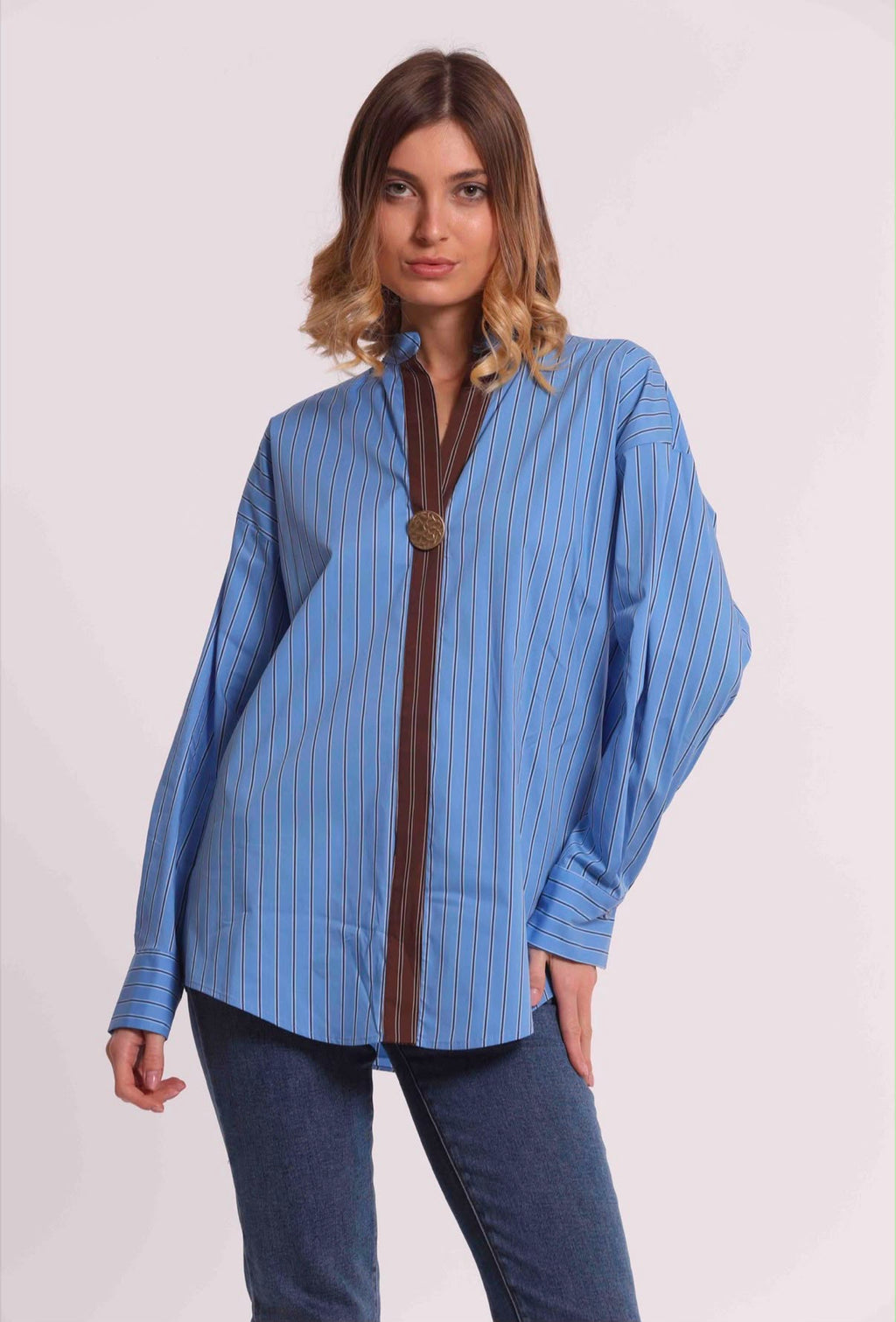 CAMICIA A BLUSA CON SCOLLO A “V” BICOLORE- MIMI’ MUA’